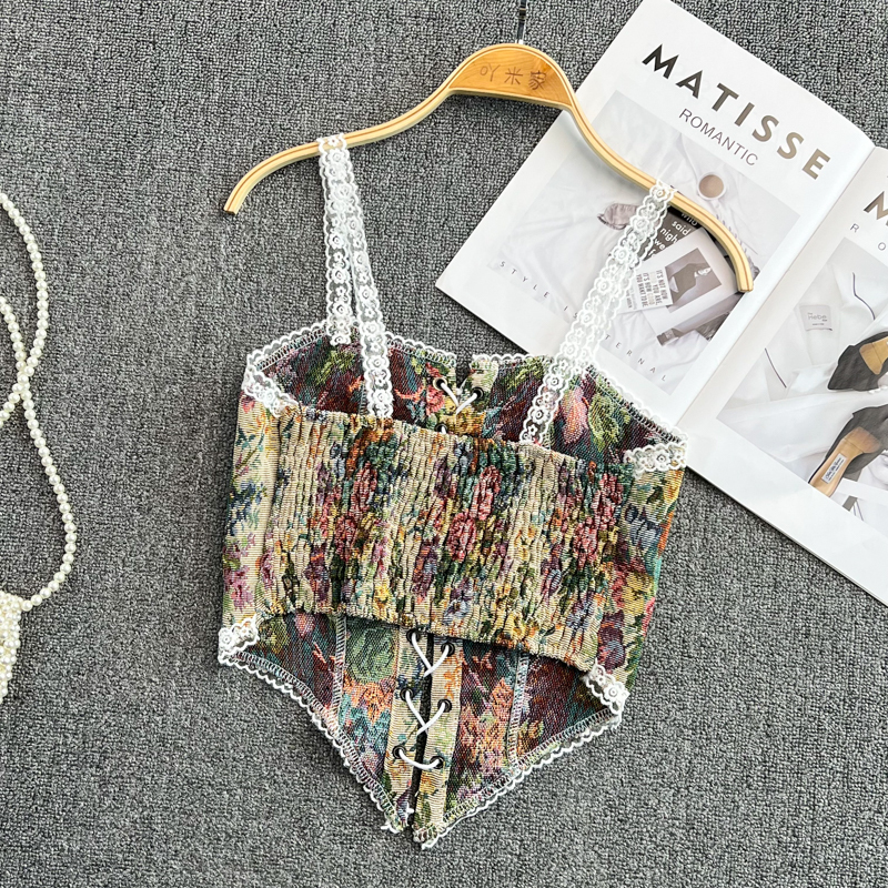 Vintage Corset Crop Top Women Bustier Sexy Floral Tank Flower Camisole Tanks 220325