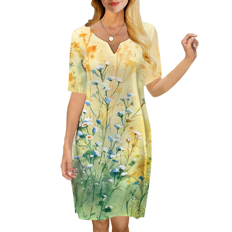 Women Dress Flowers Pattern 3D Printed VNeck Loose Casual Short Sleeve Shift Dress for Female Dresses Yellow Clothing 220616