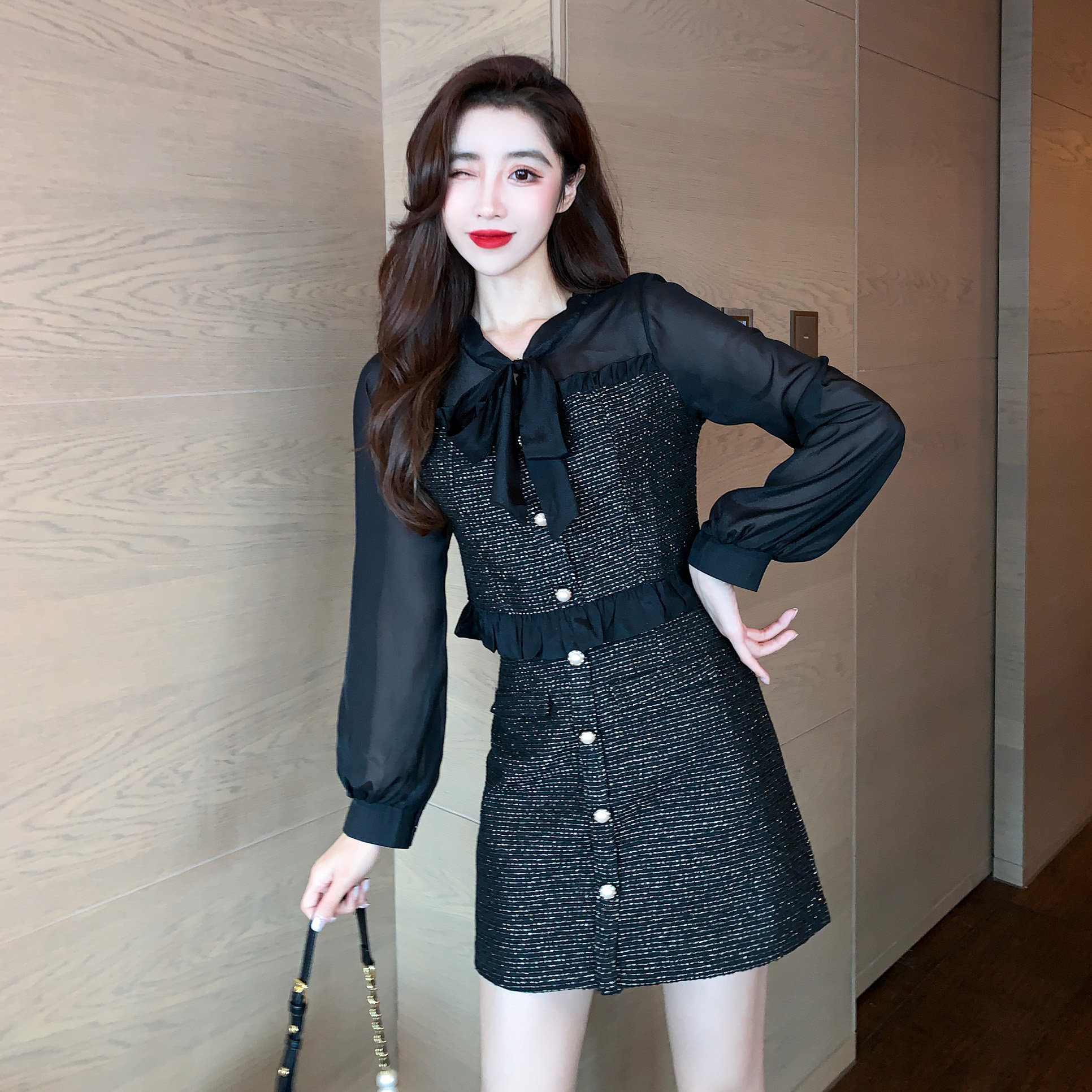 Spring summer new womens chiffon long sleeve patched tweed fabric short blouse and a-line skirt twinset dress suit SMLXL