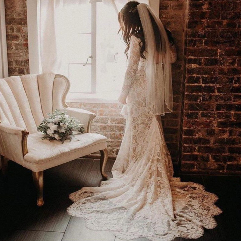 Elegant Mermaid Full Lace Wedding Dress Boho Long Sleeve Backless Summer Beach Wedding Dresses 2022 V Neck Women Bohemian Bridal Gowns Robe De Mariée 