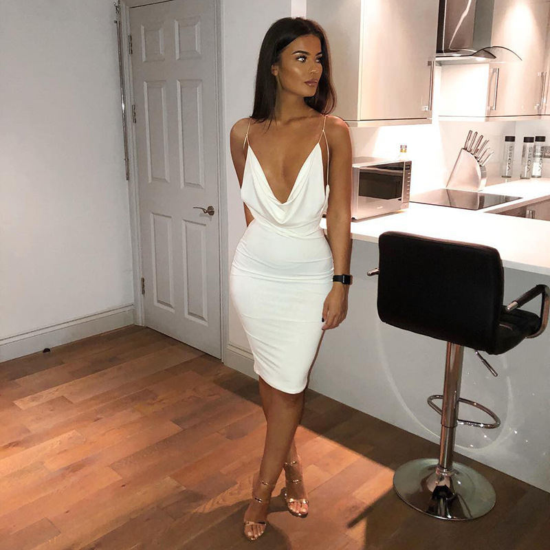 Asia Woman White Dress Spaghetti Strap Cowl V Neck Backless High Waist Bodycon Midi Dress Summer Sexy Club Party Vestidos 220511