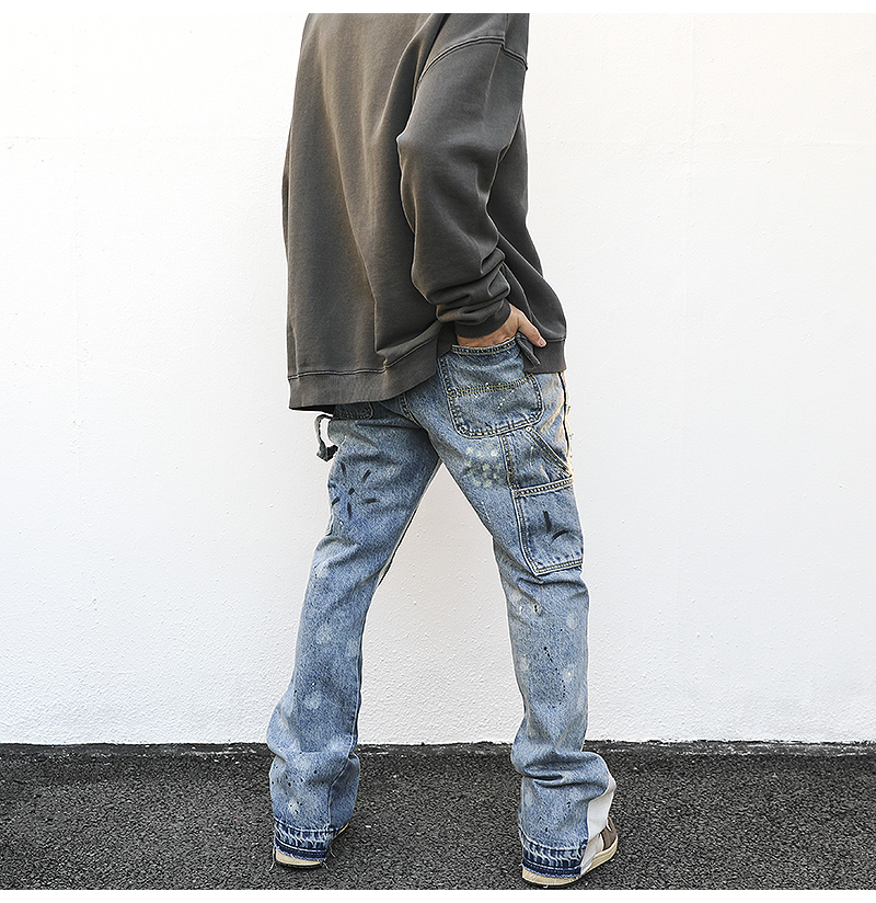 Distressed Splash Ink Flare Jeans Urban Streetwear Patch Mens Graffiti Flared Hip Hop Washed Blue Slim Fit Denim Pants Men 220408