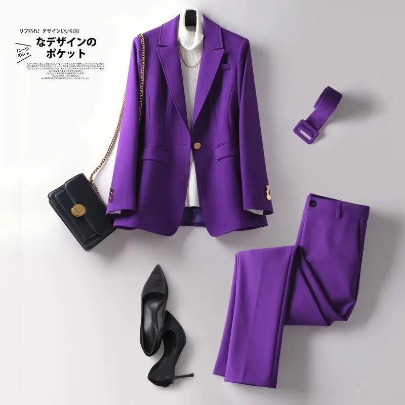 Purple professional suit female spring autumn fashion temperament elegant button belt nine-point pants two-piece women 220315