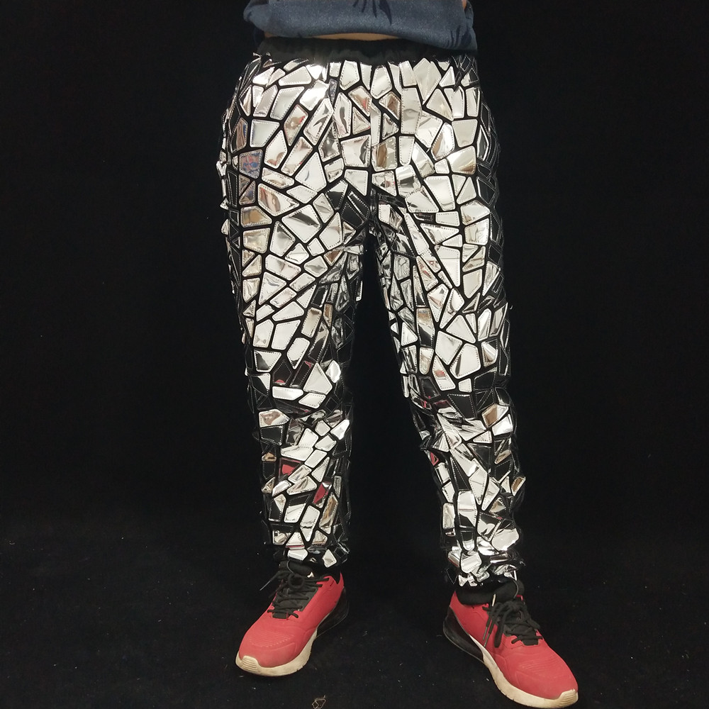 Men's Glitter Silver Laser Mirror Casual Pants Stage Festival Party Sequins Trousers Rock Hip Hop Dancer Stage Performance Bar Singer Elastic Wai
