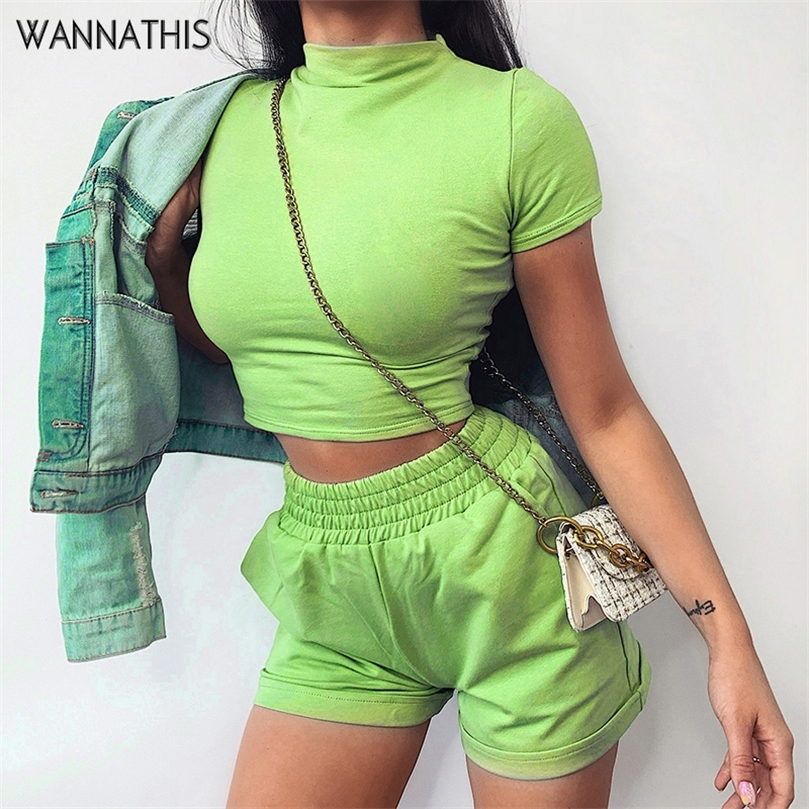 WannaThis Neon Green Women 2 Pieces Sets Tee and Shorts Slim Elastic Hight Waist Mini Shorts Fashion Summer Streetwear Sets 210302