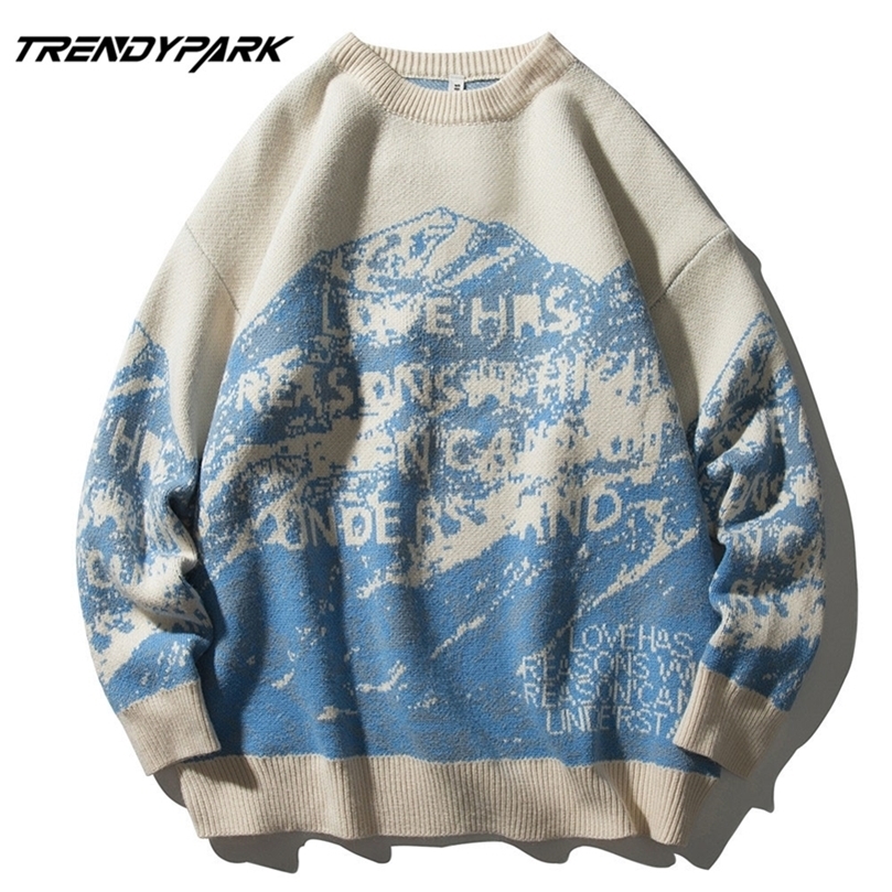 LINDSEY SEADER Sweaters Men Snow Mountain Pullover Knitted Sweaters Harajuku Casual Knitwear Jumper Tops Hip Hop Streetwear 201224
