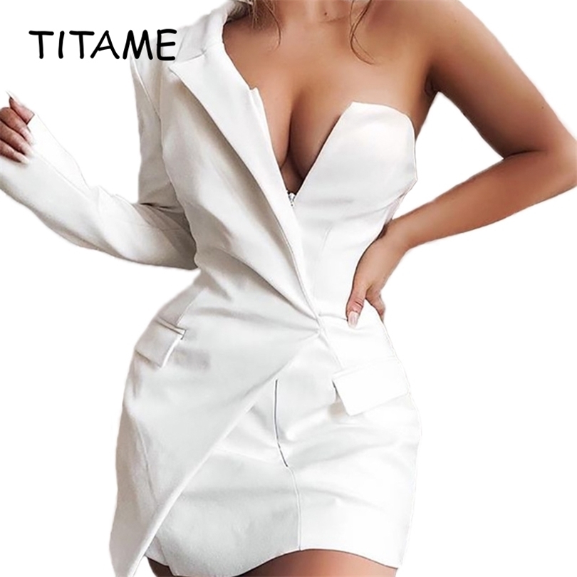 TITAME Women One Shoulder Suit Dress Sexy Backless Blazer Dress Women Deep VNeck Zipper Fashion Party Club Wrap Mini Dresses T200604