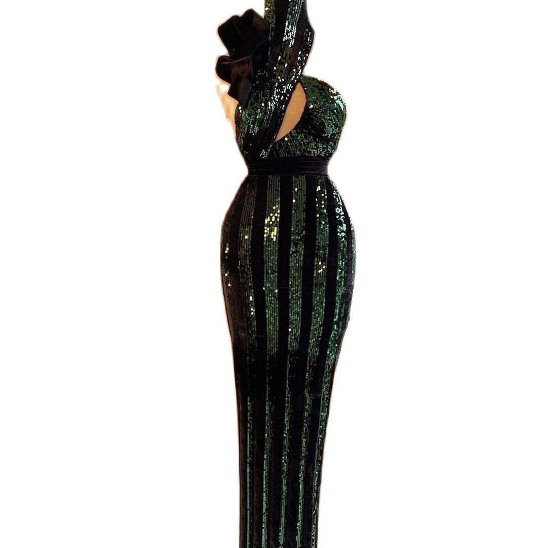 Unique Design Evening Dresses Black Green Sequined Flower High Neck Mermaid Formal Prom Party Gowns Vestidos De Novia