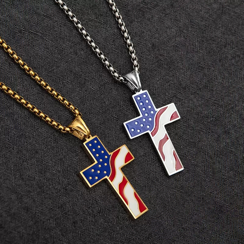 Creative Alloy Gold Silver Enamel American Flag Cross Pendent Necklace for Men Women USA Independence Day Festival Necklaces Jewelry Gift