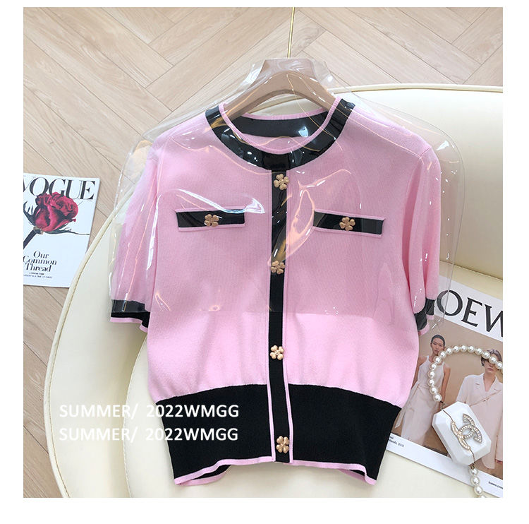 New design womens short sleeve o-neck color block flower buttons patched knits tees plus size SMLXL