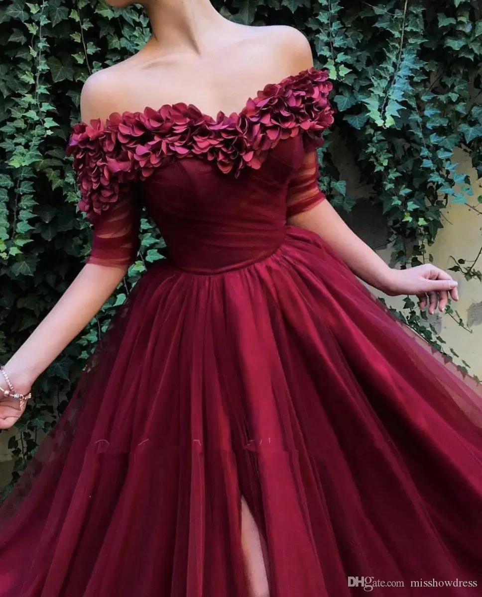 Burgundy Off The Shoulder Tulle A Line Long Evening Dresses 2022 Short Sleeves Ruched Split 3D Floral Formal Party Prom Wear Dresses BES121