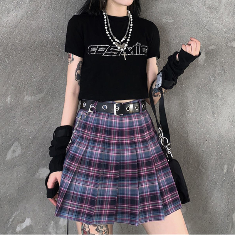 Harajuku Plaid Skirt Women Punk y2k High Waist Mini Tennis Skirts Uniform Chain Pocket A-line Streetwear Vintage Free Belt 220317
