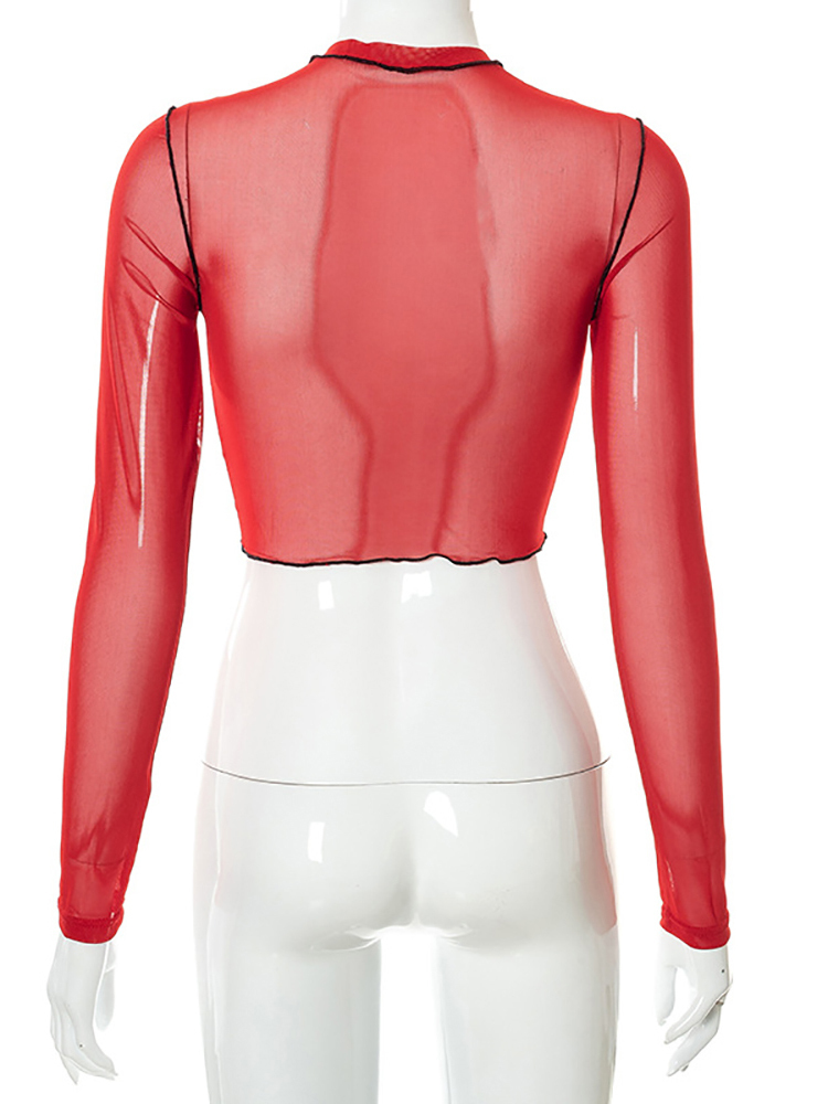 Goth Dark Mesh Sexy Transprent Gothic Cropped Tops Grunge Red Women Long Sleeve Bandage T shirts Punk Bodycon Patchwork Clothes 220714