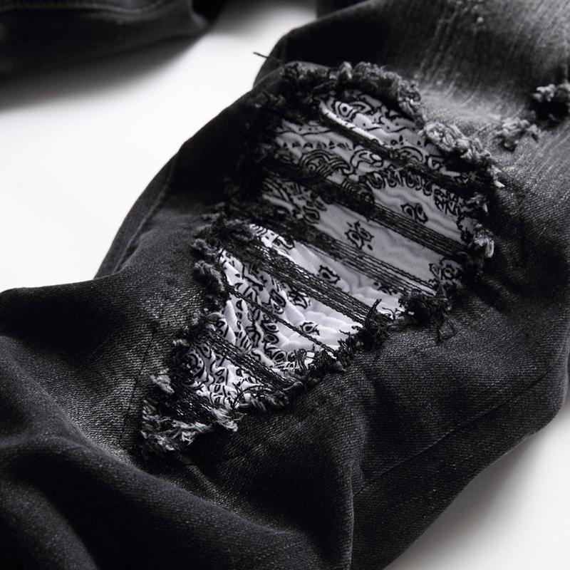 Men's Jeans Men Paisley Bandana Print Patch Streetwear Patchwork Holes Ripped Stretch Denim Pants Slim Straight Biker Trousersm