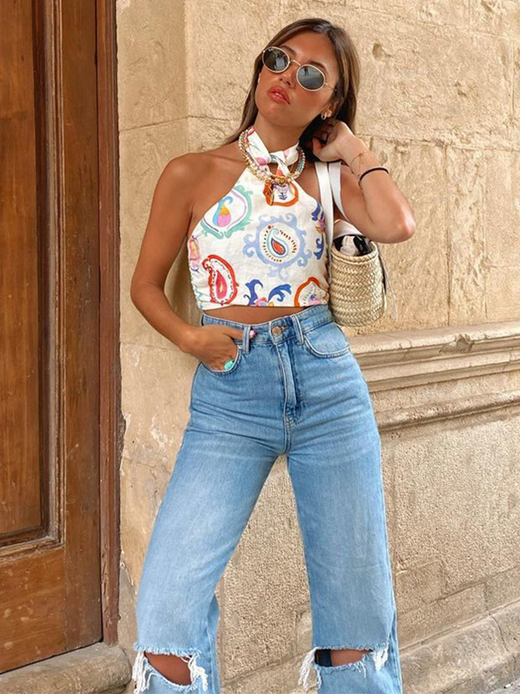 DUOPERI Fashion Printed Crop Top Women Casual Elastic Bust Chic Lady Halter Summer y2k s Female Camis 220316