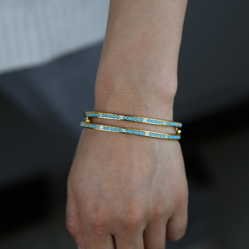 Women's Hand Bracelet: Gold Sparkg CZ Blue Turquoise Stone Bangle Jewelry