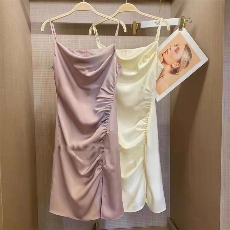 Casual Dresses Nightclub Sexy Fashion Pleated Slim Fit Acetate Satin Mini Dress Bohemian Women Swinging Collar Ice Silk Spaghetti Strap Dres, Black 
Casual Dresses Nightclub Sexy Fashion Pleated Slim Fit Acetate Satin Mini Dress Bohemian Women Swinging Collar Ice Silk Spaghetti Strap Dres, Black