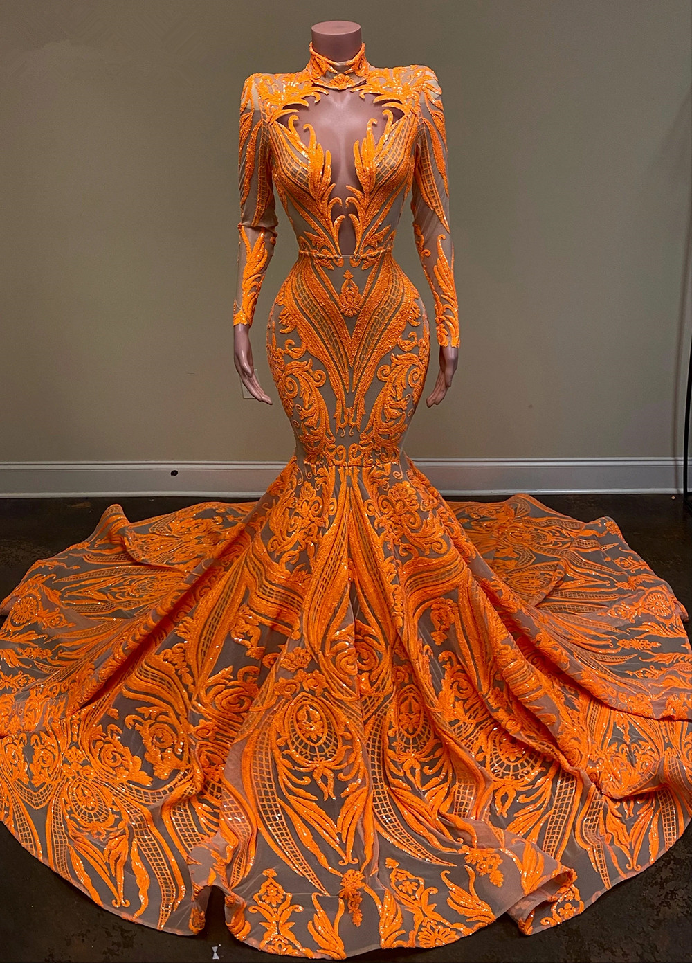 Long Sleeve High Neck arabic Prom Dresses 2022 Sexy Mermaid Style Orange Sequin applique African Blacl Girls evening Gala Gowns