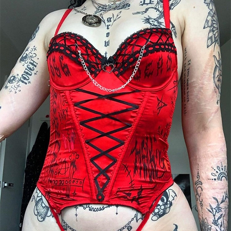 Chain Women Emo Cyber Y2k Corset Fairy Grunge Camis Red Lace Up Alt Crop Tops Punk Style Camisole Sexy Letter Print Bustier Goth 220316