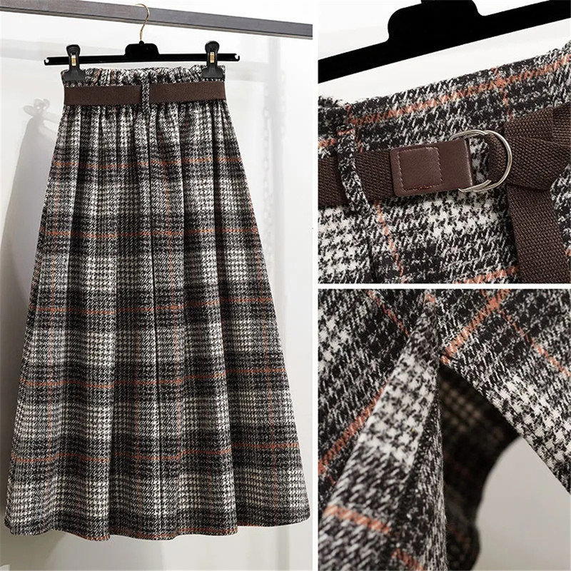  Autumn Women Plaid Irregular Wool Midi Skirts Pleated Sashes England Style Vintage Warm A-Line Long Skirt Faldas Mujer Moda 220317