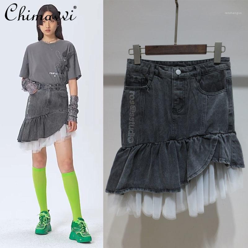 Skirts 2022 Spring Letter Rhinestone Mesh Stitching Short Skirt Women High Waist Irregular Hem Denim For Female, Light gray
Skirts 2022 Spring Letter Rhinestone Mesh Stitching Short Skirt Women High Waist Irregular Hem Denim For Female, Light gray
