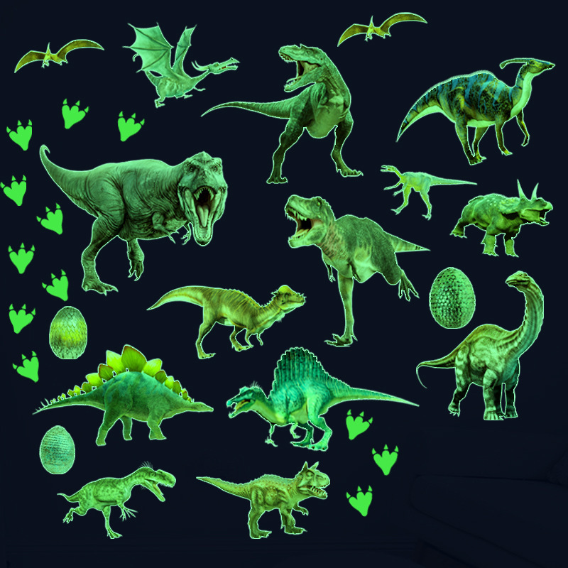 Green Light Luminous Dinosaur Wall Stickers Home Bedroom Kids Room Decoration Animal Fluorescent Decals Glow in the Dark Sticker 220328