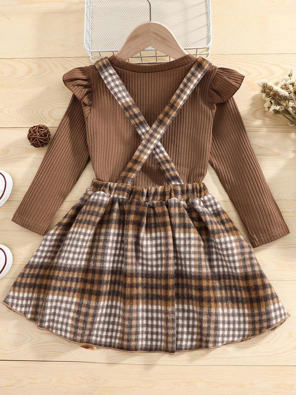 Toddler Girls Ruffle Trim Tee With Plaid Bow Front Pinafore Skirt SHE