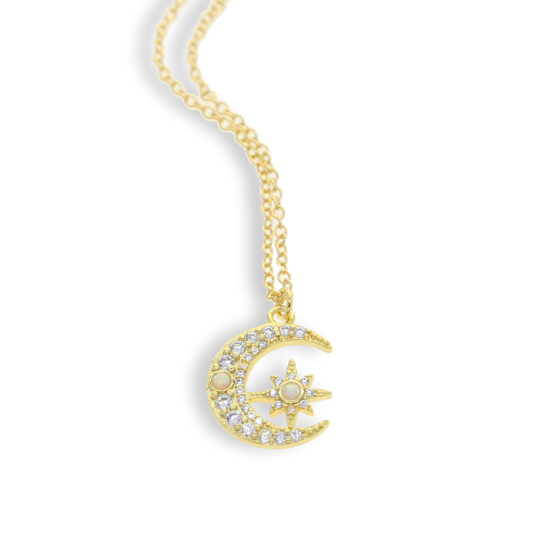Gold Plated Tiny Small Crystal Fire Opal Moon Charm necklace Engraved Cz Moon Star Christmas Gift Classic Fashion Delicate Dainty Necklaces