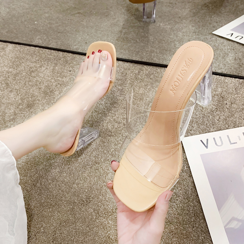 Transparent High Heels Women Square Toe Sandals Summer Shoes Woman Clear High Pumps Wedding Jelly Buty Damskie Heels Slippers 220517