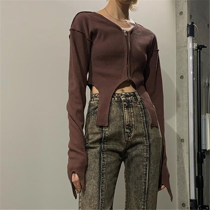 NEONBABIPINK Asymmetrical Zip Up V Neck Long Sleeve Crop Top Knitted Black Brown Cardigan Fall Clothes Sexy T Shirts N33 BI17 220714