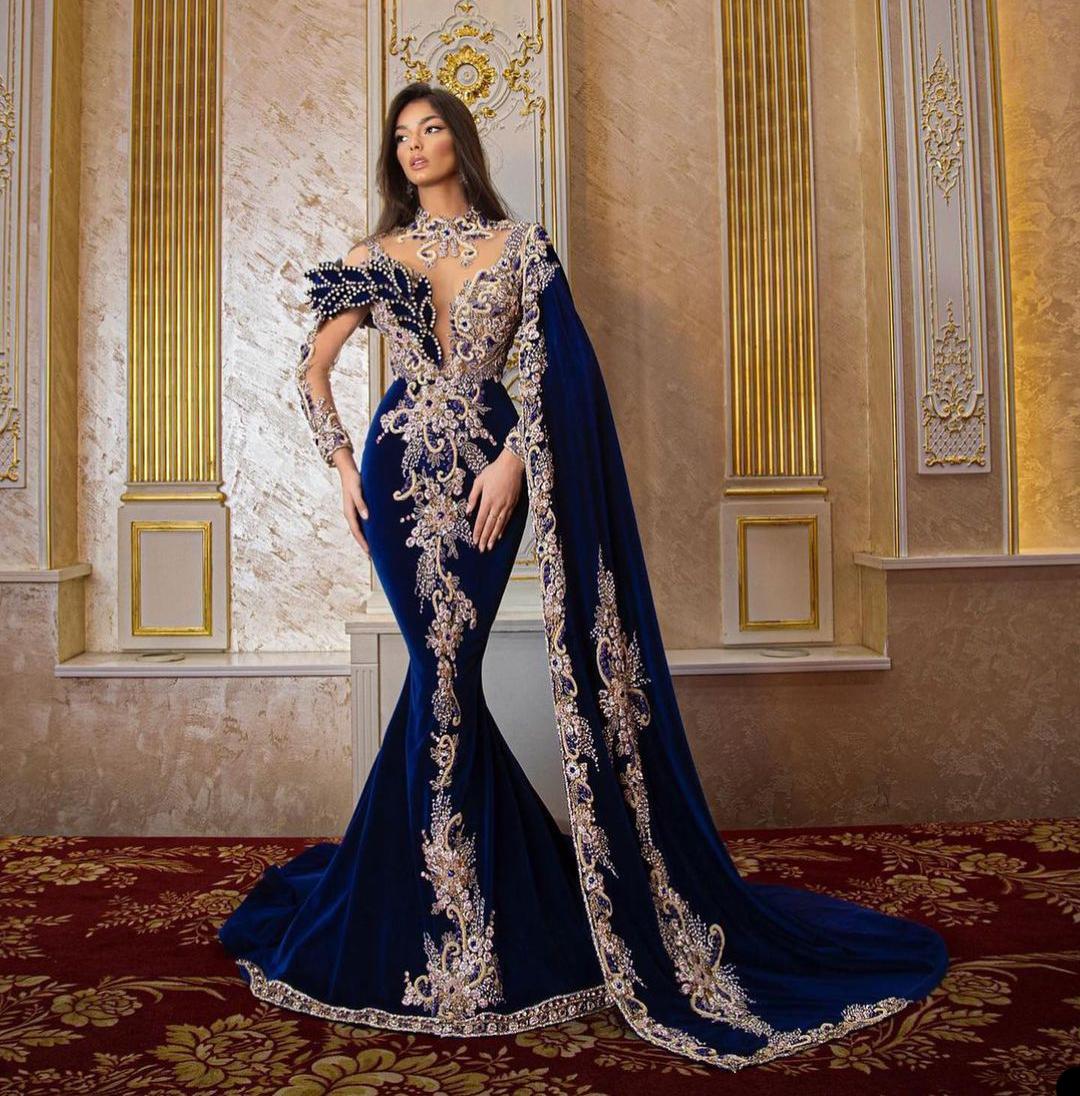 Royal Blue Arabic Prom Dress High Collar Applique Lace Mermaid Satin long sleeved Customized Evening Dresses Sheer Hollow Back Ruched Party