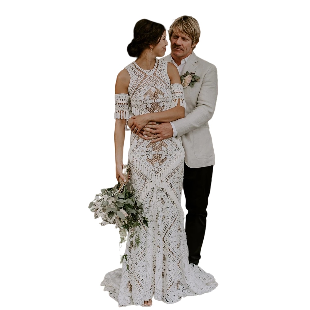 Mermaid Tassel Beach Wedding Dresses Nude Lining crochet Lace cotton Bridal Gowns Rue De Soriee Bohemian Vestido De Noivas