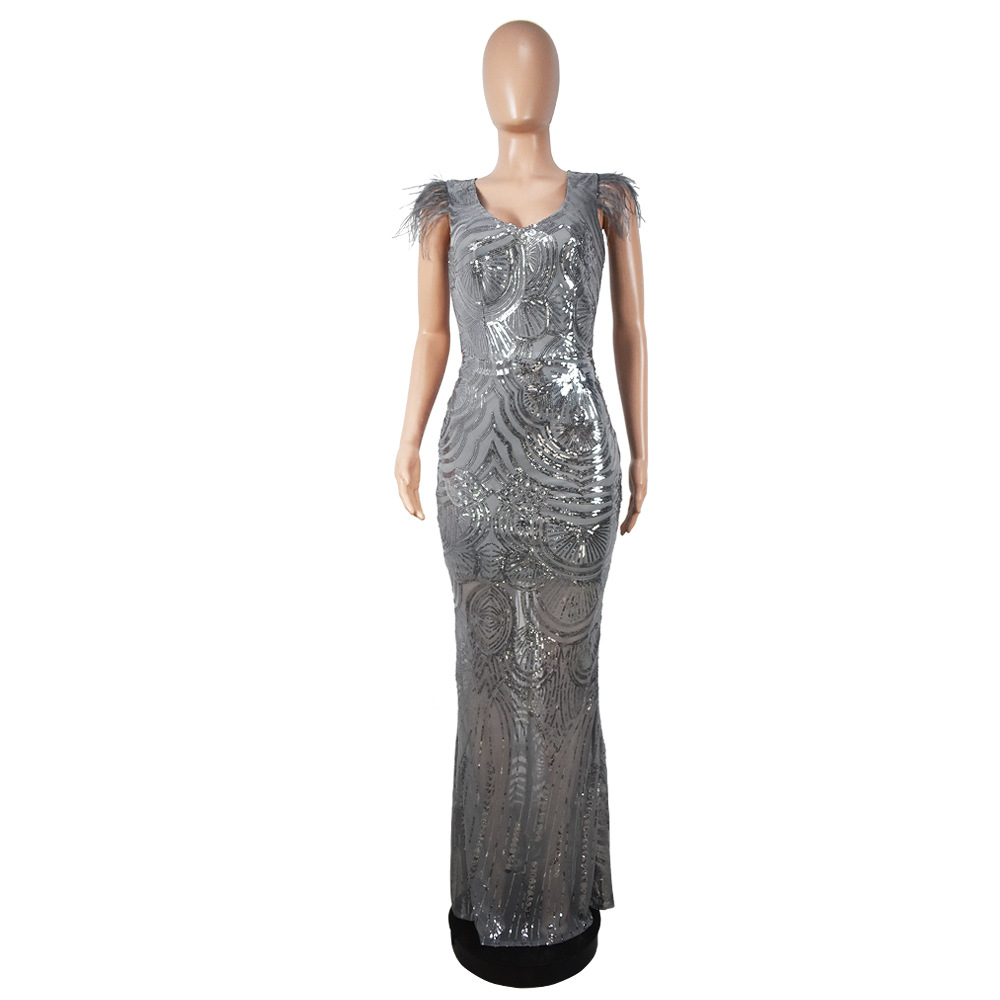 Glitter Gray Sequin Evening Dress Sexy V Neck Mermaid Prom Dresses With Feather 2022 Plus Size Bling Women Formal Vestidos Gown Arabic Special Event P