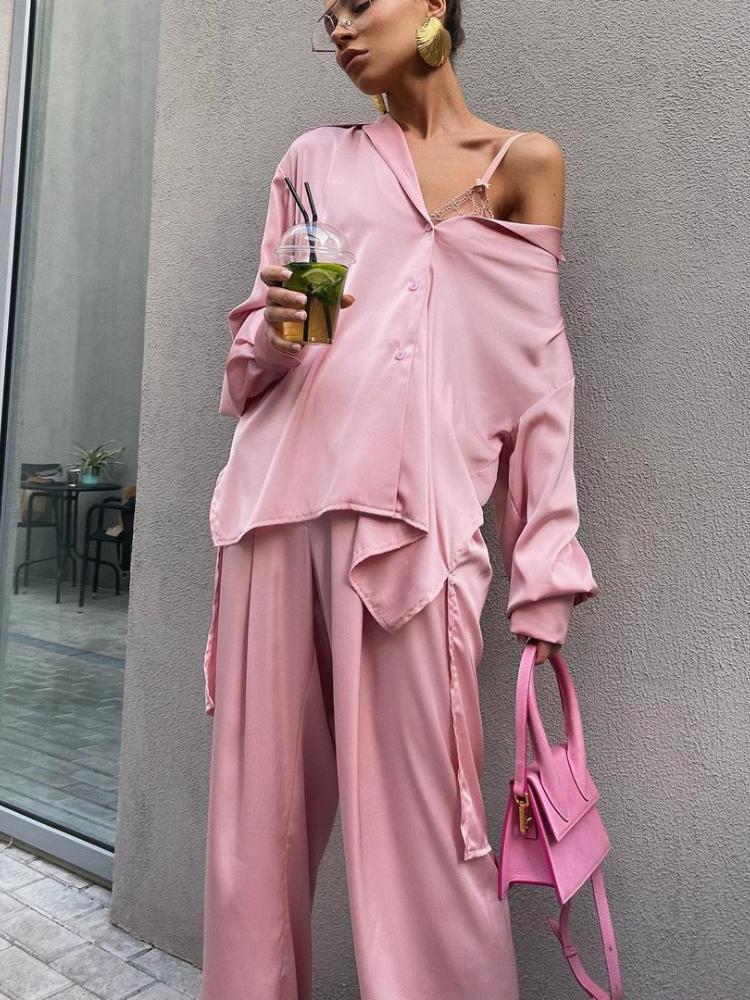 Women' Two Piece Pants Spring Summer Pink Satin High Waist Elegant Loose Fashion Long Sleeved Top Two-piece Shirt Casual Wide Leg Set WOMEN
Women' Two Piece Pants Spring Summer Pink Satin High Waist Elegant Loose Fashion Long Sleeved Top Two-piece Shirt Casual Wide Leg Set WOMEN