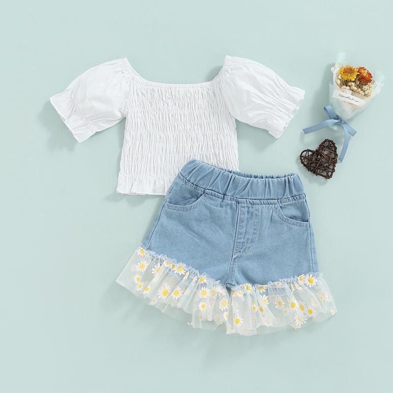 Clothing Sets Girls Two-piece Pants Suit White Square Collar Short Sleeve Tops And Denim Shorts With Daisy Print Yarn Hem SetClothing
Clothing Sets Girls Two-piece Pants Suit White Square Collar Short Sleeve Tops And Denim Shorts With Daisy Print Yarn Hem SetClothing