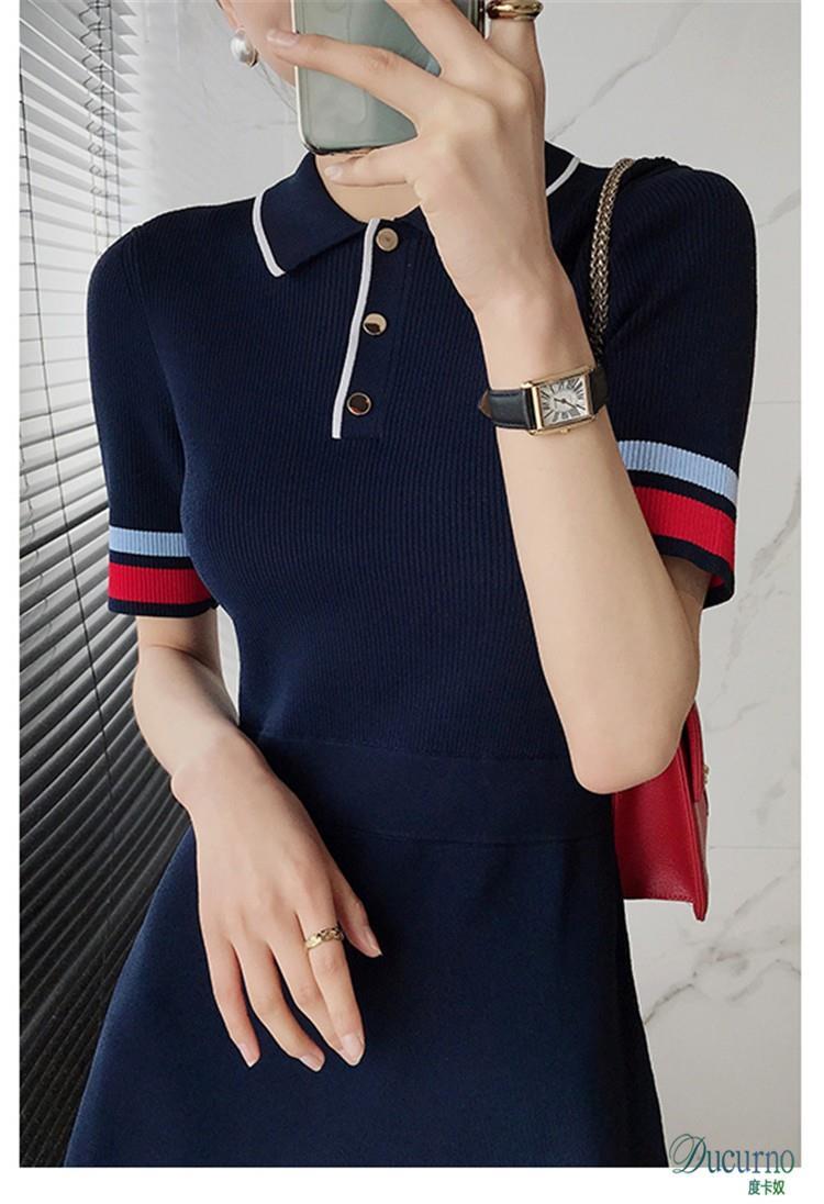 New Womens color block turn down collar short sleeve knitted a-line casual summer dress SMLXLXXL
