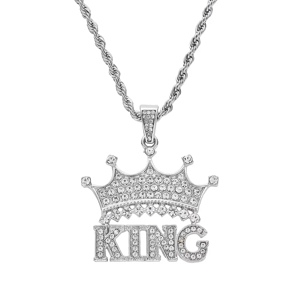 Hip Hop Jewelry Men's King Crown Pendant Necklace Stainless Steel Chain Pave Diamond 18K Gold Cubic Zircon Crowns Necklace Factory Direct Price