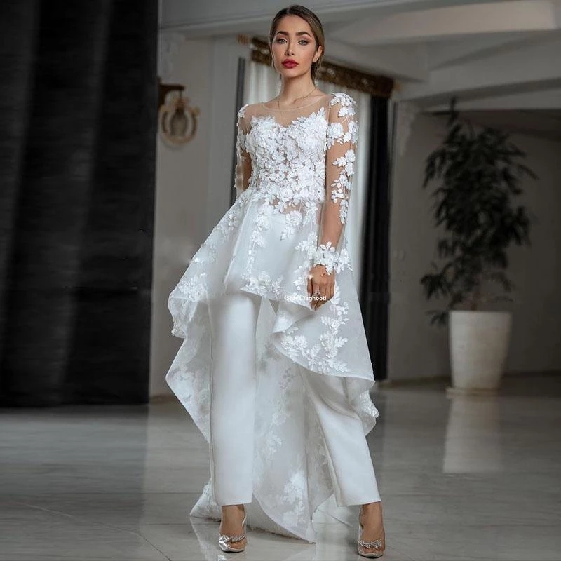 Sexy Illusion Long Sleeve Wedding Jumpsuit with Train Sheer O-neck Lace ral Country Bohemian Beach Lesbian Bridal Dress Pant Suit