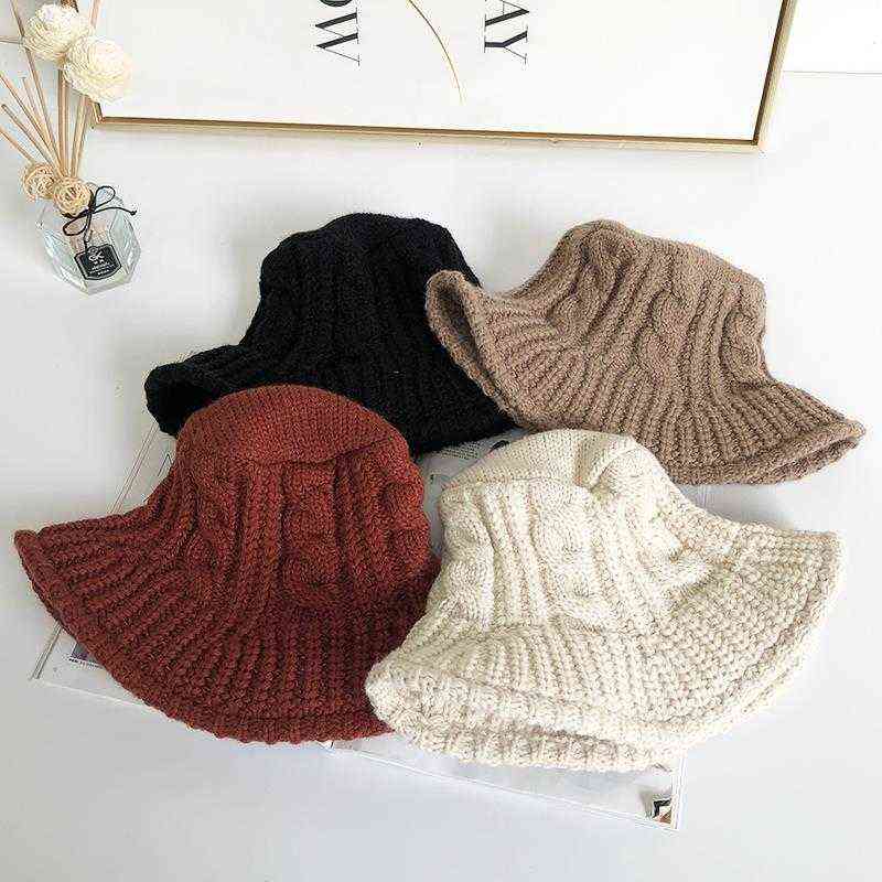 Bucket Hats Women Winter Thicken Knitting Warm Basin Caps Korean Style Students All-match Folding Solid New Womens Stylish Retro Y220406