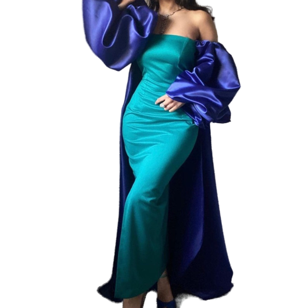 Elegant Hunter Sheath Prom Dresses With Royal Blue Wrap Cap Side Split Strapless Off Shoulder Long Sleeve Formal Evening Gowns Color Match Satin Party
