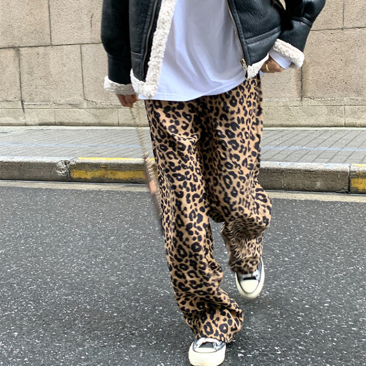 Korean leopard print wide leg pants high waist straight tube casual loose thin mop fashion sweat 220325