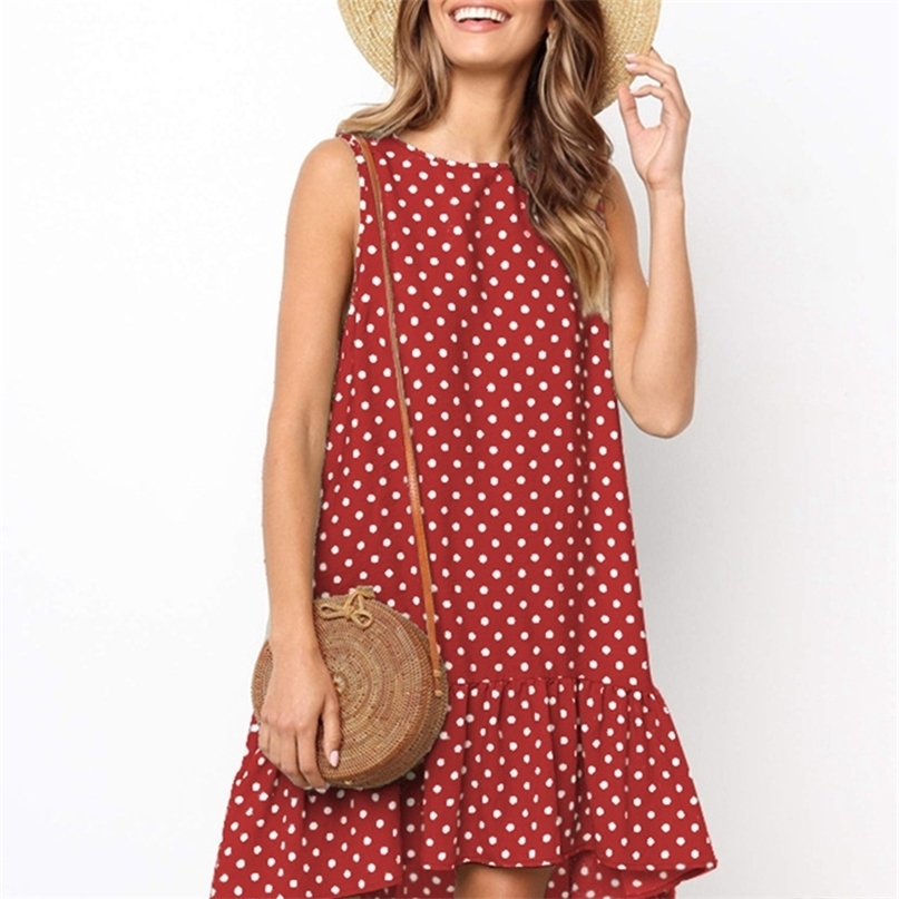 Lossky Women Summer Dress Polka Dot Chiffon Sleeveless Beach Mini Casual Yellow Sundress Fashion Plus Size For 220613