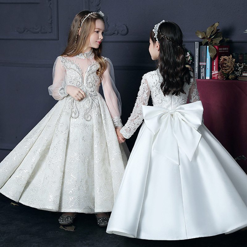 Adorable White Ball Gown Flower Girl Dresses Princess Sheer Lace Long Sleeves Appliques Jewel Neck Toddler Birthday Party Gowns 403