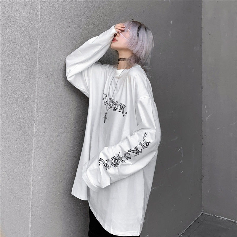 QWEEK Gothic White T-shirt Women's Harajuku Long Sleeve Mall Goth Top Vintage Grunge Alt Clothes Aesthetic Kpop Korean 220321
