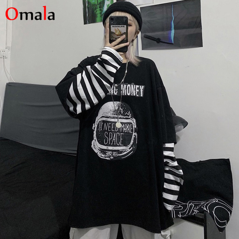 harajuku Loose T Shirts for Women spring Autumn female t shirt Casual O Neck stripe Long Sleeve Oversized top Hip Hop Streetwear 220728