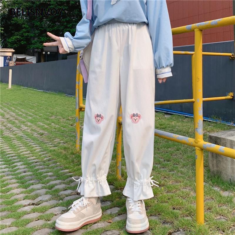 Japanese Kawaii Harajuku Teen Girls Loose Bear Embroidery Wild Leg Baggy Pants Casual Female Sweet Cute Sweatpants Trousers 220325