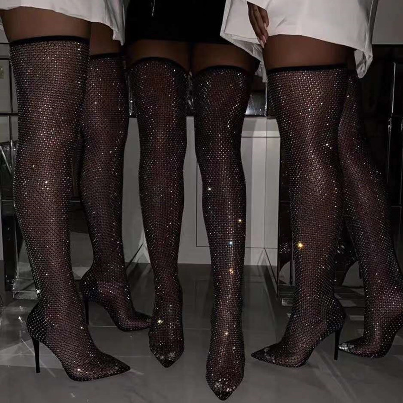 Women Sandals Sexy High Heels Shoes Nightclub Crystal Bling Pointed Toe Luxury Mesh Fishnet Over The Knee Boot 220328