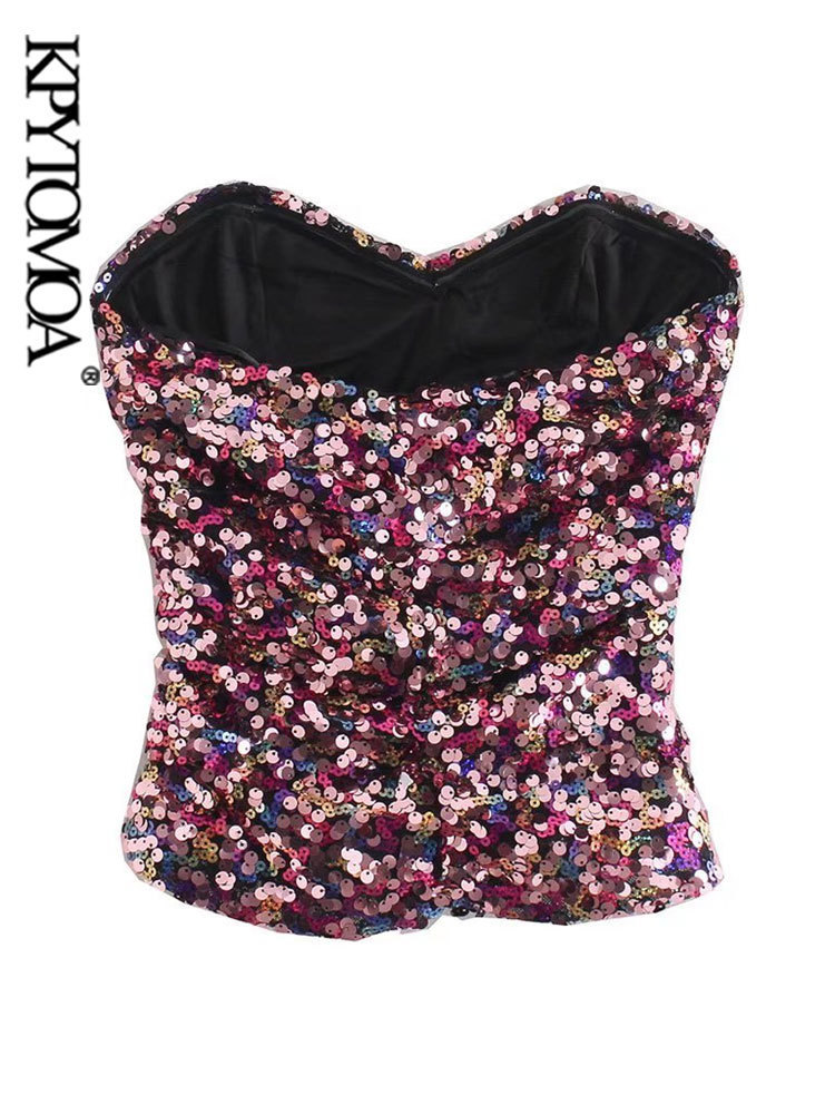 KPYTOMOA Women Sexy Fashion Shiny Sequin Crop Tank Tops Vintage Sweetheart Neck Back Elastic Female Camis Mujer 220325