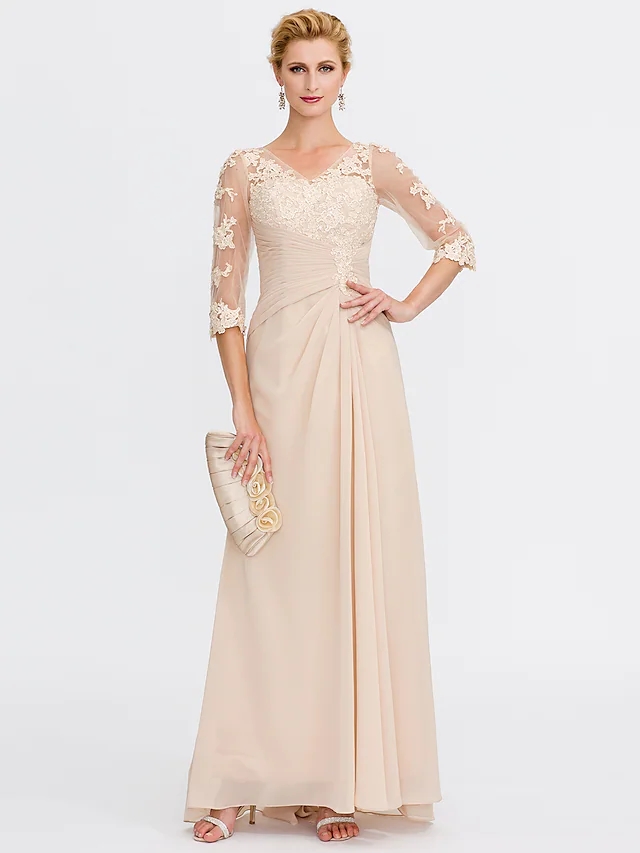 Champagne A-Line Mother of the Bride Dress 2025 Elegant V Neck Floor Length Chiffon Sheer Lace Half Sleeve Wedding Party Gowns