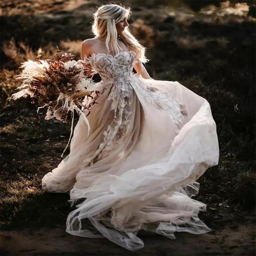 Floral Charming Lace D Bohemian Wedding Gowns Sexy Off The Shoulder Backless A Line Bridal Dresses Country Style Cowgirl Sweep Train Vestidos De Novia
